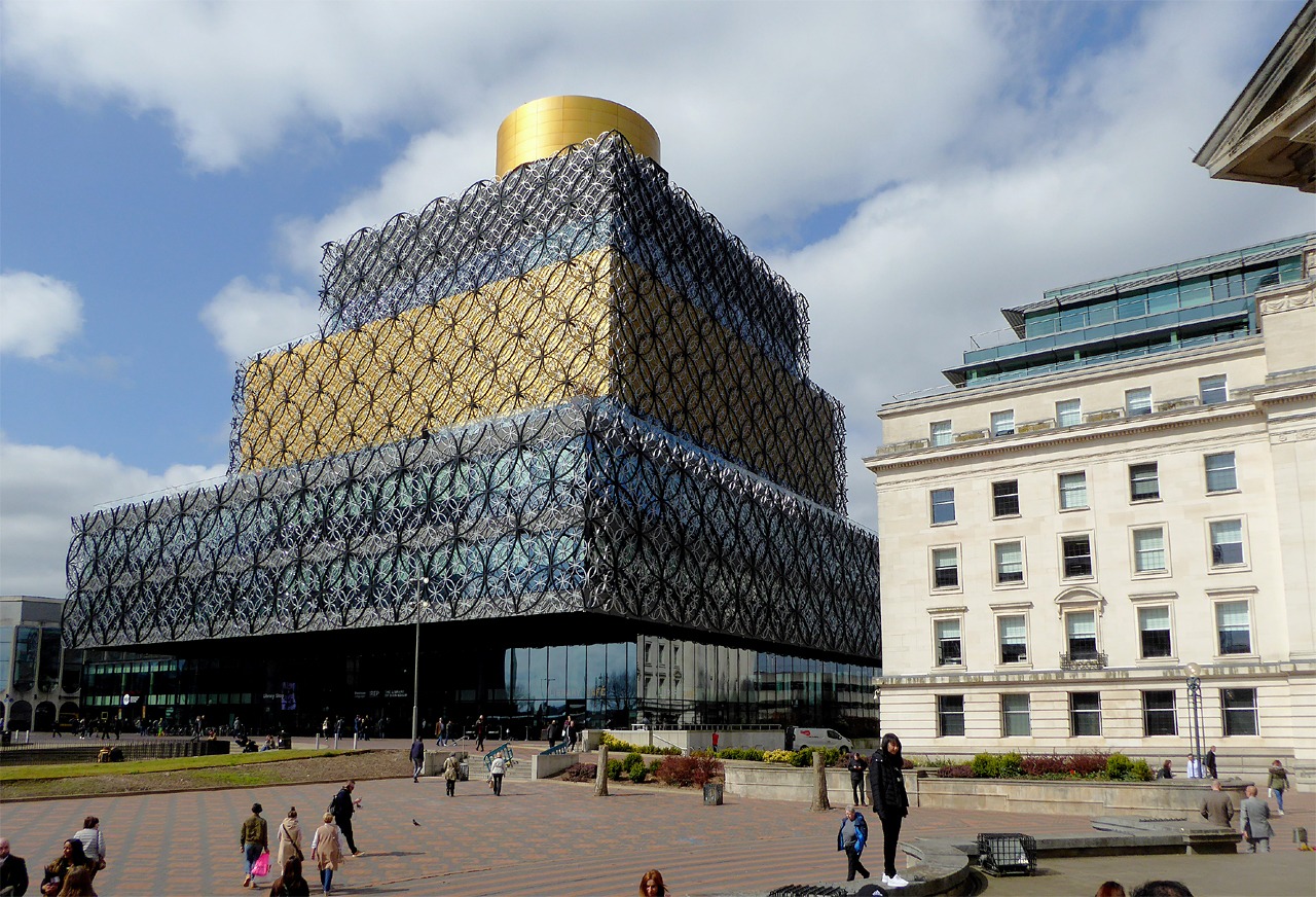 The Library of Birmingham, with its gold and silver lattice facade, on Centenary Square