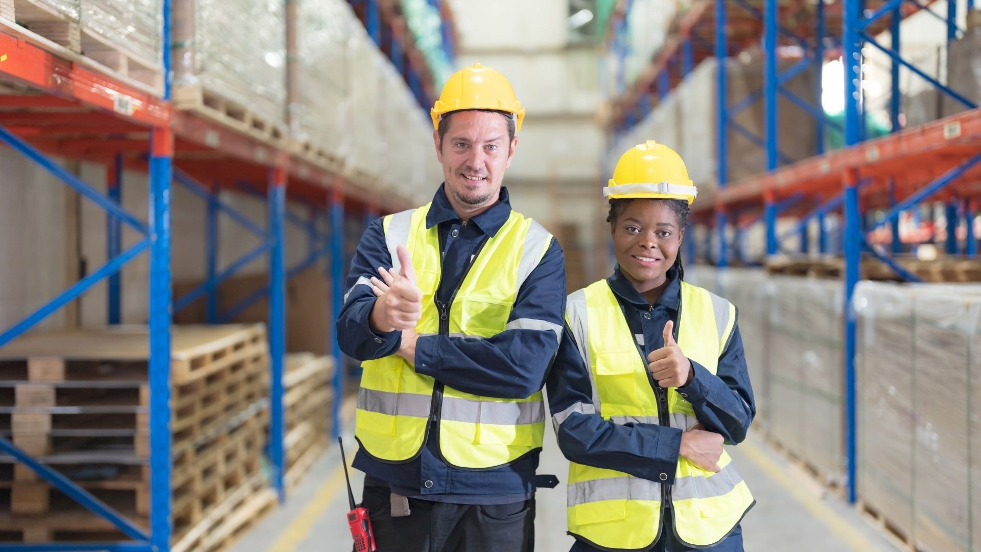 Two warehouse workers in hard hats and safety vests giving a thumbs up